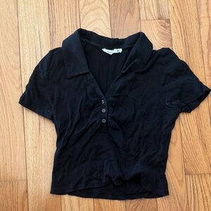 Black Ribbed Collared Polo Crop Top - Women